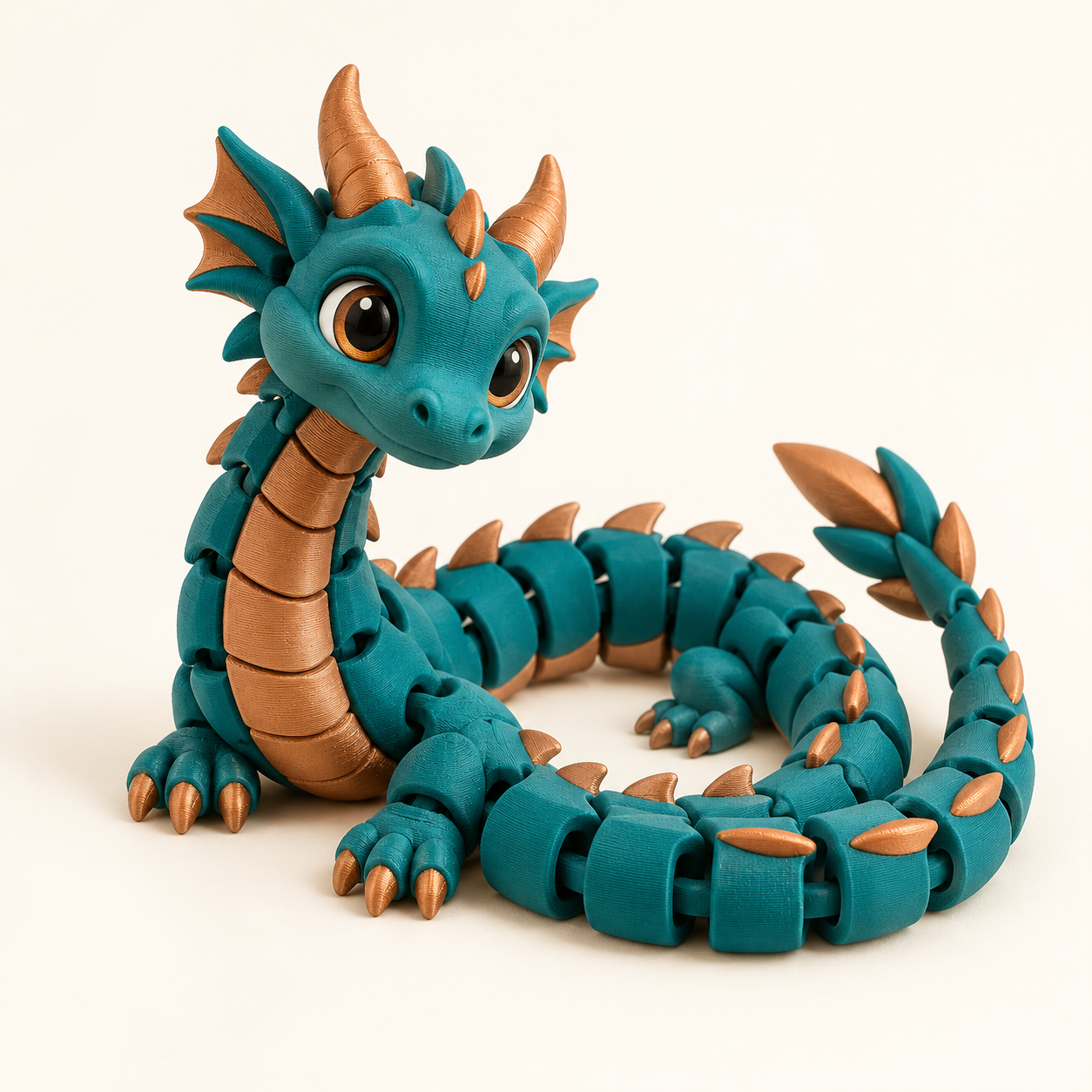 Pequeno dragão articulado petróleo com detalhes cobre