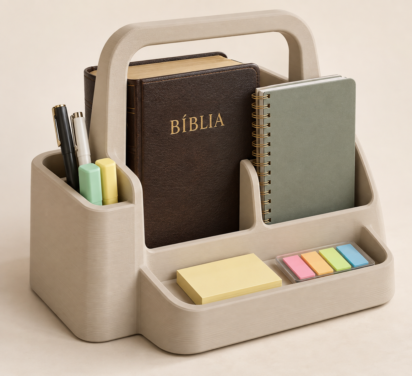 Conceito de organizador portátil para livros, caderno e canetas